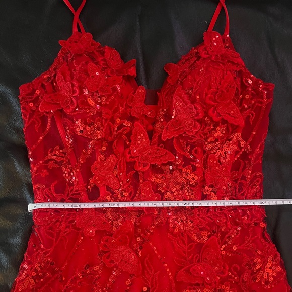 Red V Neck Sleeveless Glitter Corset Laced Back Slit Prom Dress Sequins- XSmall - Picture 6 of 7